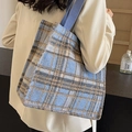 Blue and beige plaid wool tote bag for high school students in a large capacity design - Large Blue No Charm