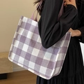 Large casual purple and white checkerboard tote bag shown on model with shoulder strap - Purple Large Without Pendant