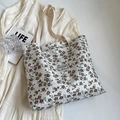 Sac fourre-tout en toile beige avec motifs floraux marrons et larges anses robustes - Grand Blanc Riz Floral Brun