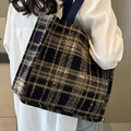 Classic blue and brown plaid wool tote bag for students with wide comfort straps - Large Black No Charm