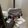 Ethnic style heart-shaped woven crossbody bag with colorful geometric patterns and tassels - Blue