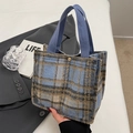 Blue plaid wool tote bag with woven handles and metal snap closure for women - Small Blue No Pendant