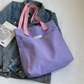 Borsa tote in tela viola con manici rosa e tasche esterne per ufficio e scuola - Viola (Ispessito)