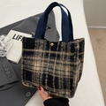 Plaid wool handbag for women featuring a vintage black and khaki check pattern - Small Black No Charm