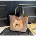 Braune Kord Shopper Tasche für Damen, große Freizeit Schultertasche mit Katzen Patch Design. - Grau
