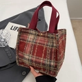 Red brown checkered wool tote bag for high school girls with soft flannel texture - Small Red No Pendant