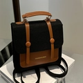 Fashionable black wool and brown leather patchwork crossbody backpack with buckle strap - Without Pendant / Black