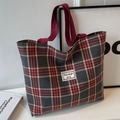 Borsa tote in tela a quadri rossi con manici bordeaux e stile vintage per il lavoro - Grande / Senza Ciondolo / Rosso