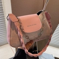 Pink baguette bag with floral landscape patterns and decorative silver flower chain strap - Pink