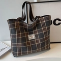Borsa tote in tela a quadretti grigi e marroni con manici intrecciati per grande capacità - Grande / Senza Ciondolo / Nero