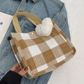 Brown and white plaid tote bag with beige handles and a white plush heart charm - Khaki Small With White Heart Pendant