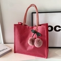 Large dark pink linen tote bag for students with a cute plush cherry pendant charm - Pink Cherry Charm / Pink