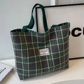 Borsa tote in tela a quadri retrò verde scuro e grigio con manici e toppa con logo - Grande / Senza Ciondolo / Verde