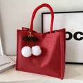 Red woven linen tote bag with white plush cherry pendant and sturdy tubular handles - White Cherry Charm / Rose Red