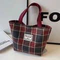 Retro red and grey checkered canvas tote bag with burgundy handles and woven label - Small / No Pendant / Red