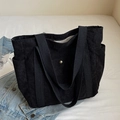 Large black corduroy tote bag for women featuring magnetic buckle and side pockets - Black