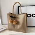 Linen tote bag in natural khaki with a plush cherry charm and reinforced handles - Khaki Cherry Charm / Khaki