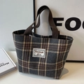 Retro grey plaid canvas tote bag with brown straps and woven brand label detail - Small / No Pendant / Black