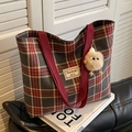 Large plaid canvas tote bag in red and grey with a cute plush monster pendant charm - Large / With Charm / Red