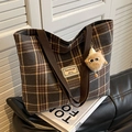 Large plaid canvas tote bag in brown and grey with plush pendant and wide shoulder straps - Large / With Charm / Black