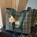 Green plaid canvas tote bag with fuzzy monster charm and spacious capacity for daily use - Large / With Charm / Green