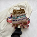 Borsa a secchiello etnica con ricami colorati e nappe su tela di canapa marrone - Cachi