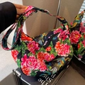 Ethnic style crossbody bag featuring black fabric with colorful peony and phoenix patterns - Black