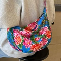 Ethnic blue crossbody bag with vibrant red peony floral print and phoenix pattern - Blue