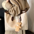 Large beige crackled leather tote bag with brown trim and plush bear charm for women - White With Bear Pendant