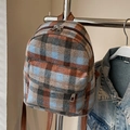 Mini-Rucksack mit blau-braunem Retro-Karomuster aus Wolle und braunen Schultergurten - Blau Ohne Anhänger