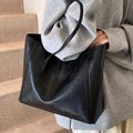Large black PU leather tote bag for women with minimalist vertical stripe and slim straps - Black