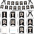 Detail of Happy Birthday banner with black swallowtail cards and gold glitter letters - Black And White Swallowtail Flag
