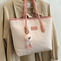 Borsa tote rosa e bianca con motivi di cuccioli e ciondolo a forma di mostro di peluche - Rosa e Bianco Con Ciondolo Elfo Bianco