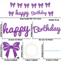 Detail of purple glitter Happy Birthday banner with dimensions and bow decorative components - Purple Bow Connected Letter Banner