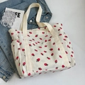 Borsa tote in velluto a coste color crema con motivo a fragole e tasche multiple - Bianco