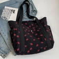 Grande borsa tote in velluto a coste nero con stampa di fragole e tasca esterna - Nero