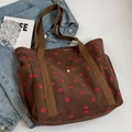 Borsa tote in velluto a coste marrone con motivo fragola e tasca frontale a scatto - caffè