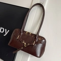 Retro-Schultertasche aus dunkelbraunem Leder mit goldfarbenem Reißverschluss und Riemen - Kaffeebraun