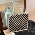 Large black and white checkerboard canvas tote bag with white top handles - Black Checkerboard