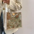 Borsa tote in lino con jacquard floreale verde e chiusura con bottone in legno rustico - Verde