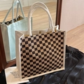 Large canvas tote bag with black and white checkerboard pattern and woven handles - Brown Plaid