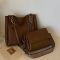 Ensemble de 2 sacs en cuir PU marron avec grand cabas, sacoche et large bandoulière - Ensemble de 2 pièces / Marron