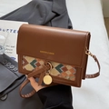 Vintage brown leather crossbody bag with colorful woven fabric and gold pendant detail - Khaki (No Pendant)