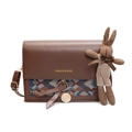 Dark brown leather crossbody bag with plaid fabric base and a cute plush bunny charm - Blue Without Charm