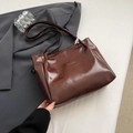 Brown glossy leather tote bag for women with fashion label and double shoulder straps - Brown No Pendant