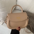 Milk tea beige PU leather saddle handbag with golden fashion logo and shoulder strap - Khaki