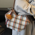 Large plaid tote bag with brown leather straps and a cute plush poodle pendant charm - Dog Charm / Blue Plaid