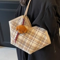 Large checkered tote bag in brown tones with cute plush teddy bear charm and V-shape top - Dog Charm / Coffee Plaid