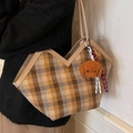 Brown plaid large tote bag with leather strap and teddy bear charm accessory - Dog Charm / Yellow Plaid