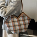 Retro plaid tote bag with V-cut opening and brown leather handles on shoulder - No Pendant / Blue Plaid